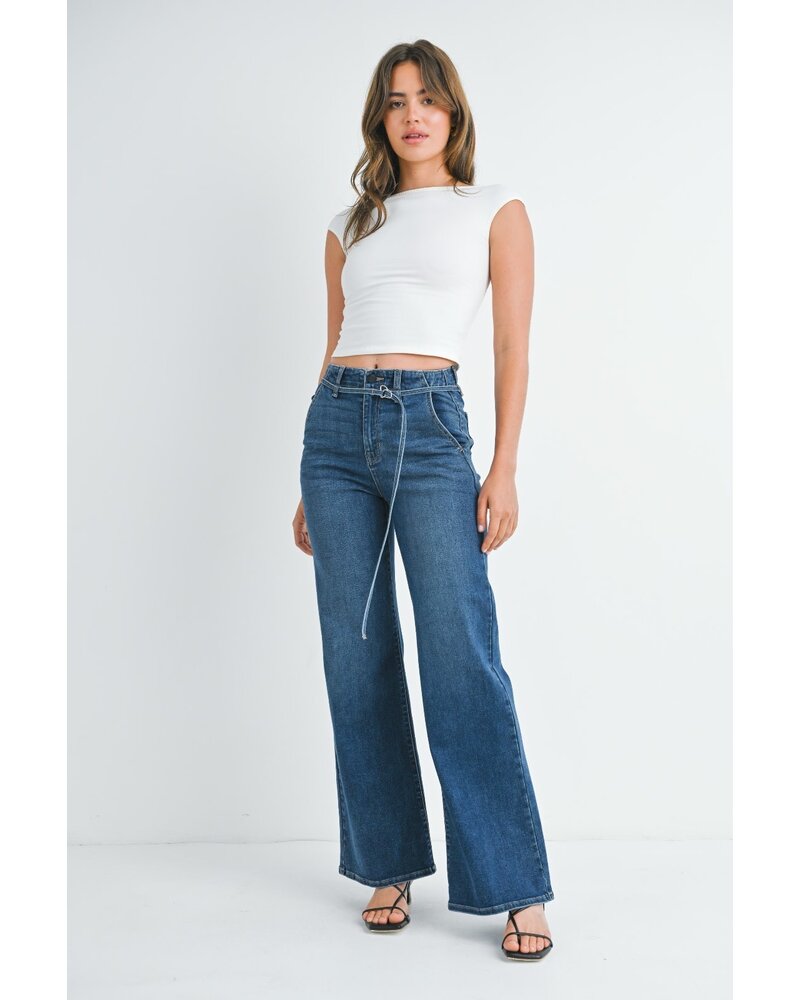 Belted wide leg denim