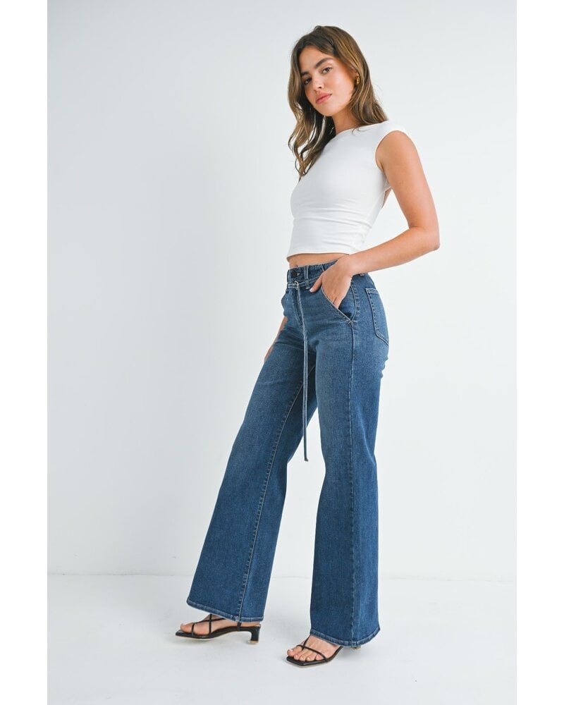 Belted wide leg denim