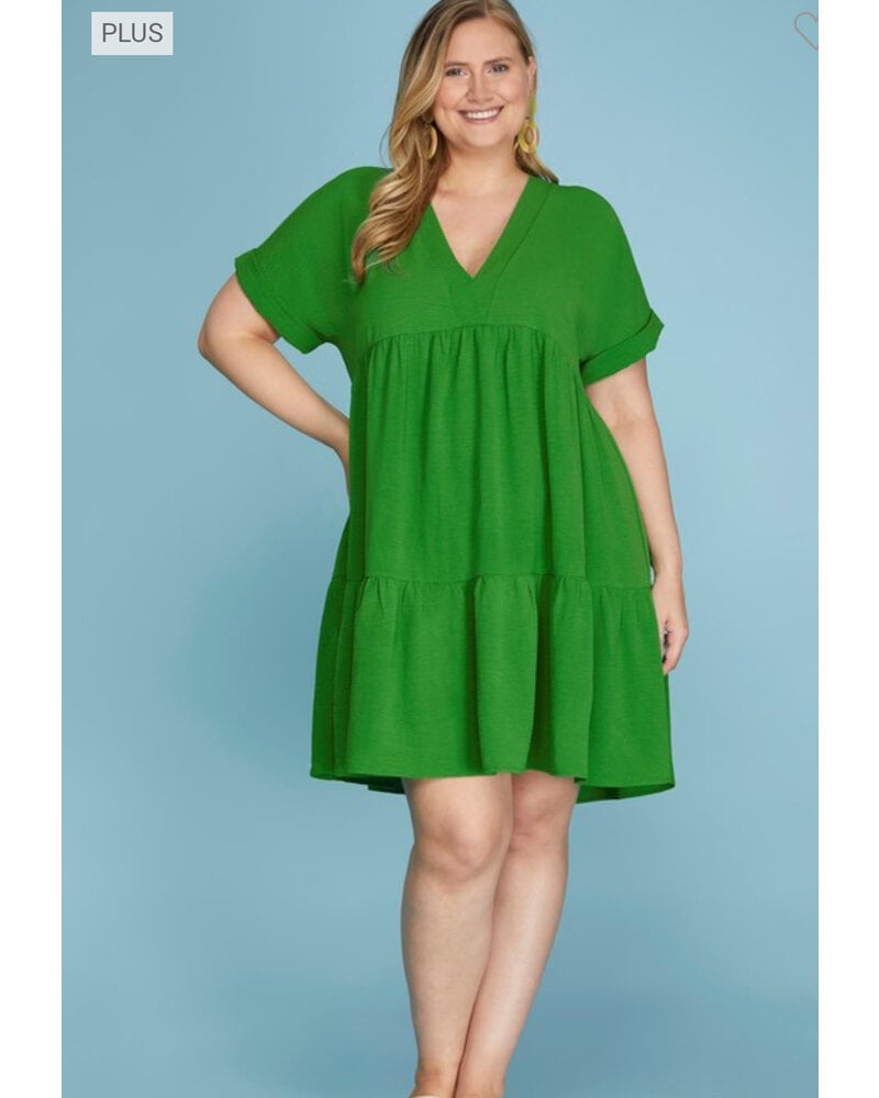 Plus size v neck Dress Green