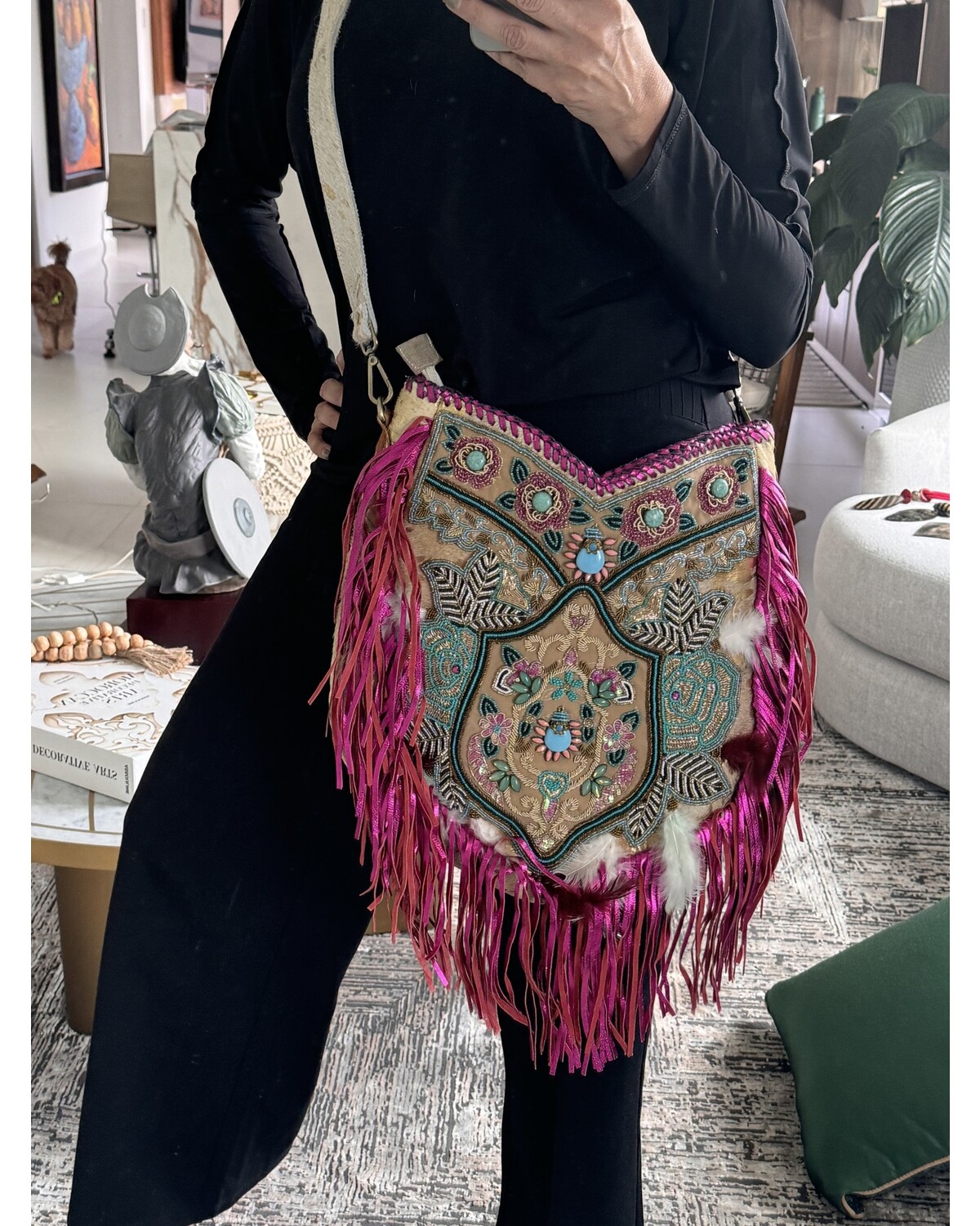 Big leather bag beaded
