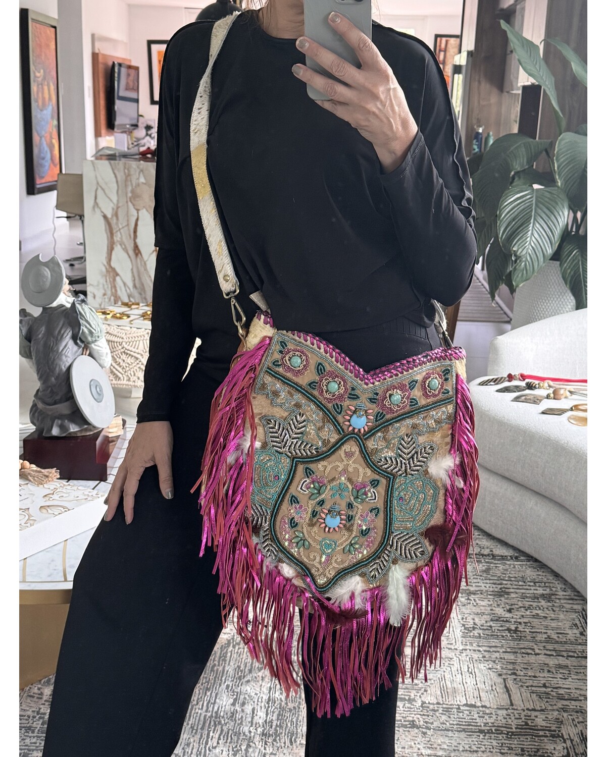 Big leather bag beaded
