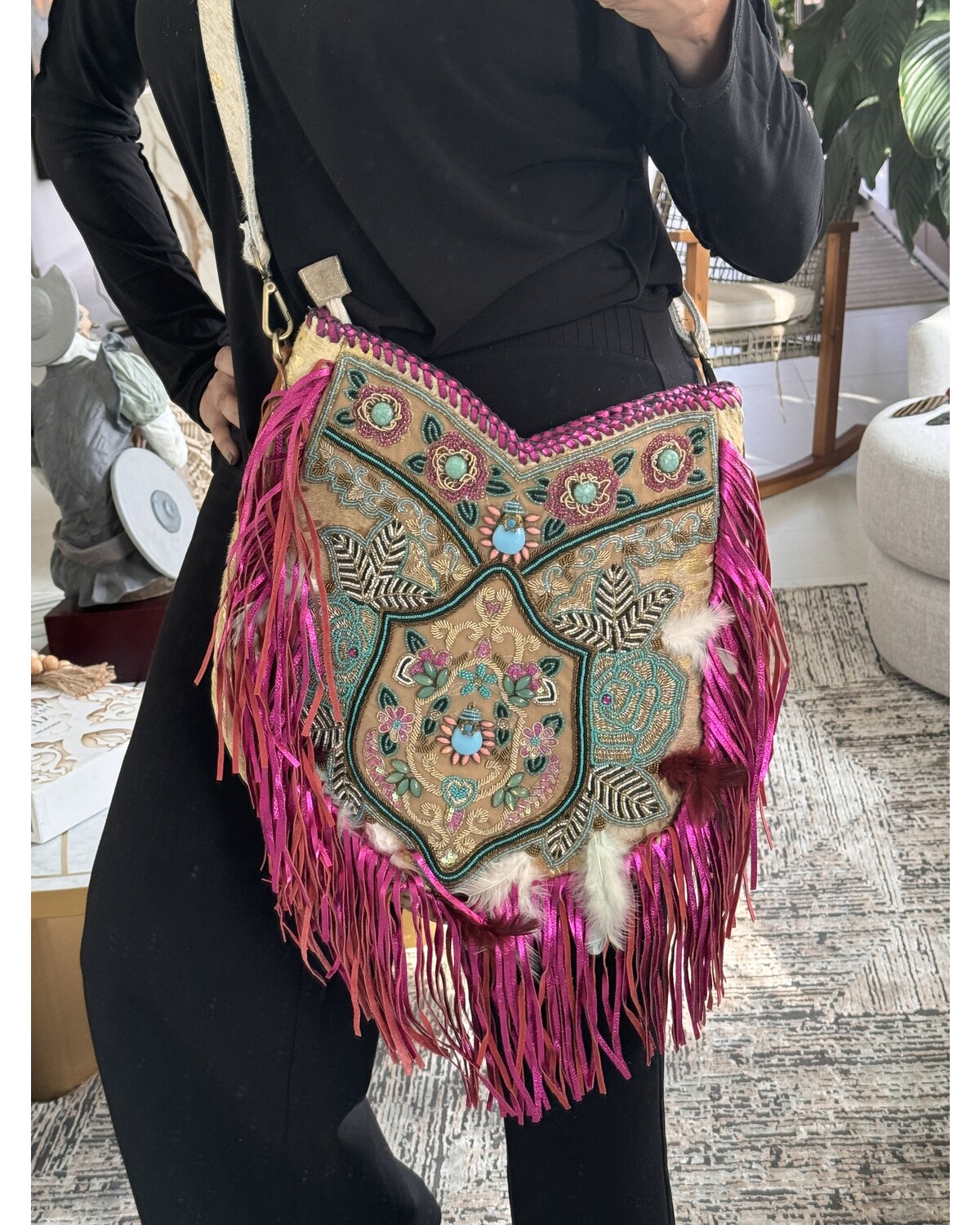 Big leather bag beaded