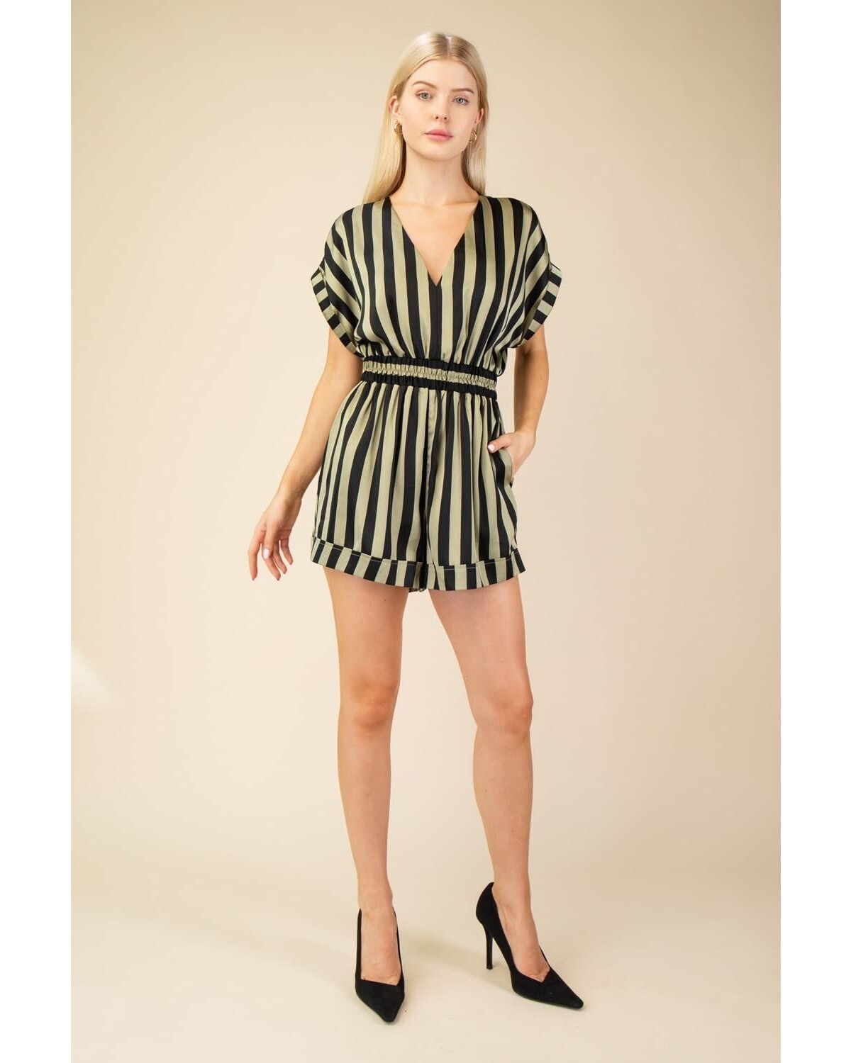 Elastic waist deep V neck striped romper