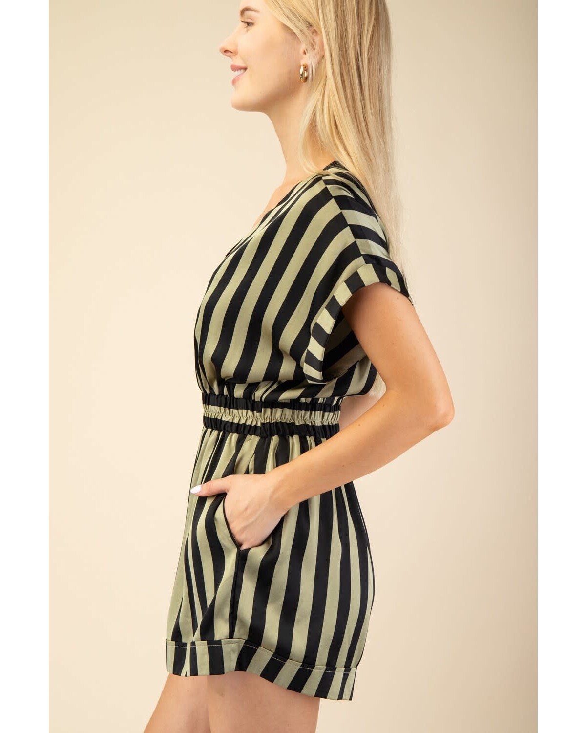 Elastic waist deep V neck striped romper