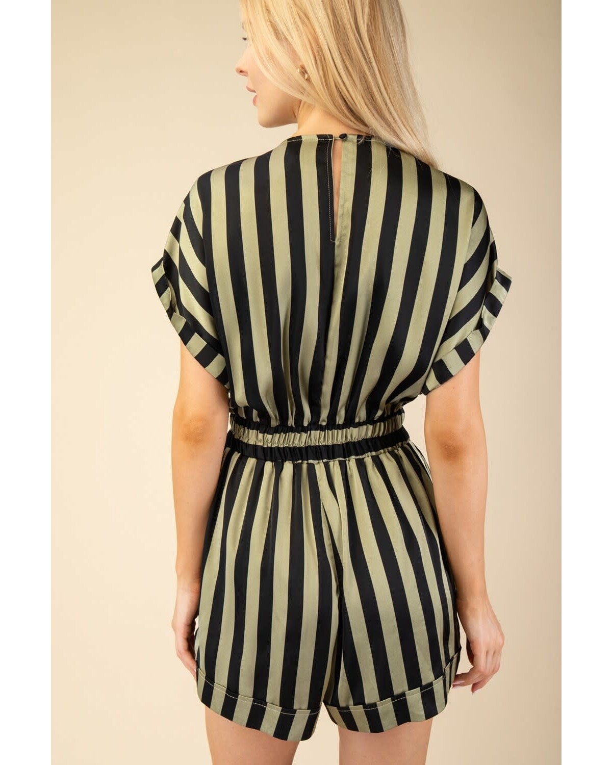 Elastic waist deep V neck striped romper
