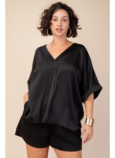 V-Neck Oversized Satin Top Black  Plus