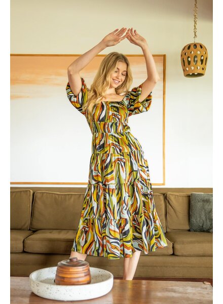 BUBBLE SLEEVE PRINT WOVEN TIERED MIDI DRESS