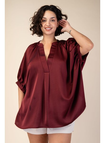 V-Neck Placket Oversized Satin Top Burgundy