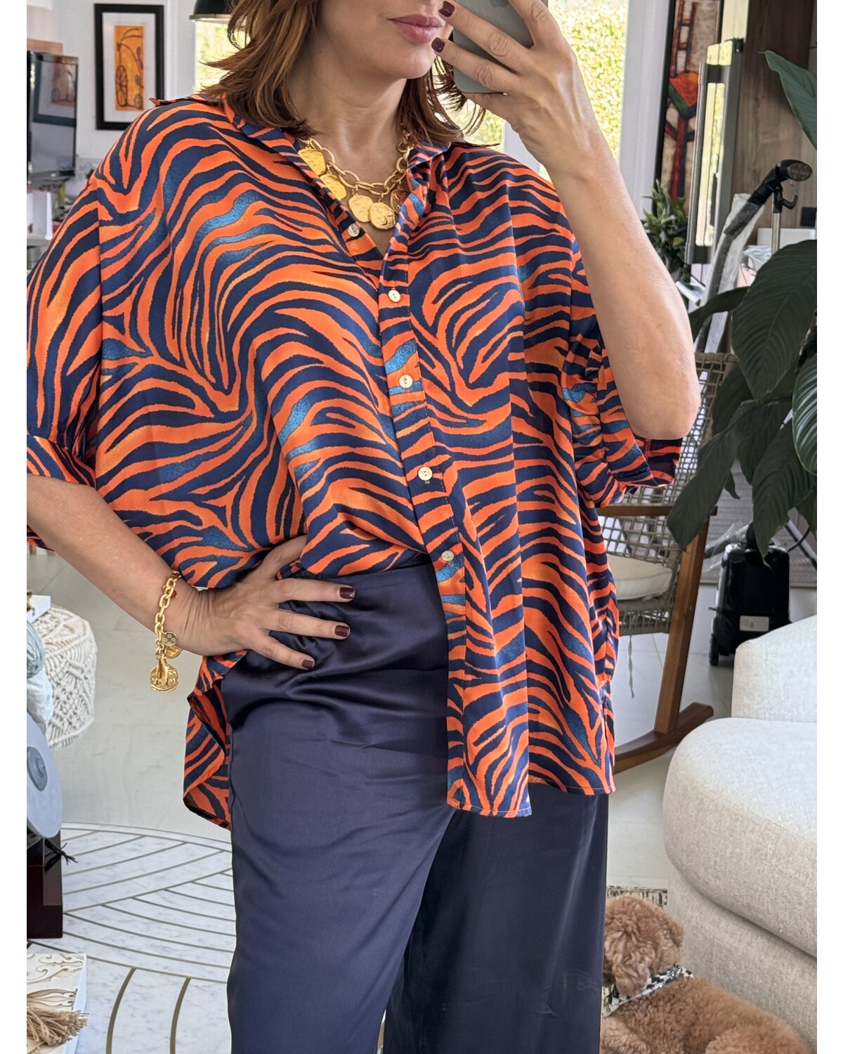 Metallic Tiger Buttom Blouse