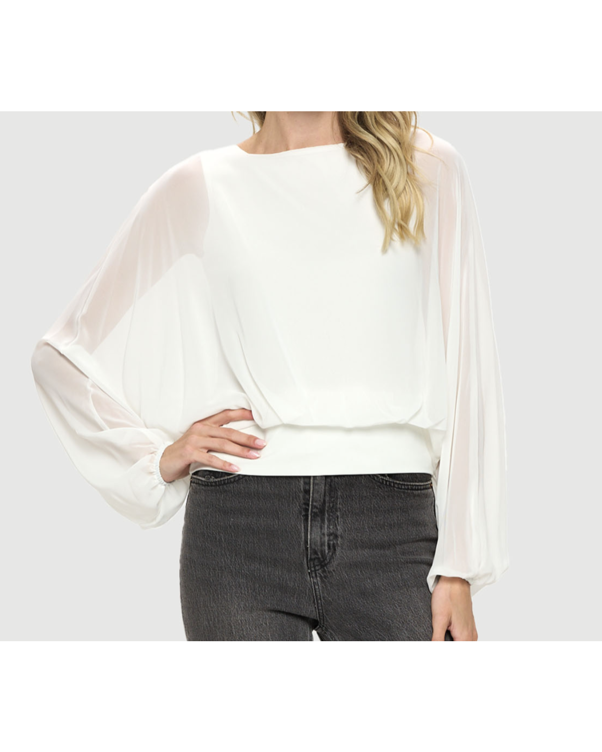 Crew Neck Chiffon Batwing Back Tie Top W/ Waistband & Gathered Cuffs