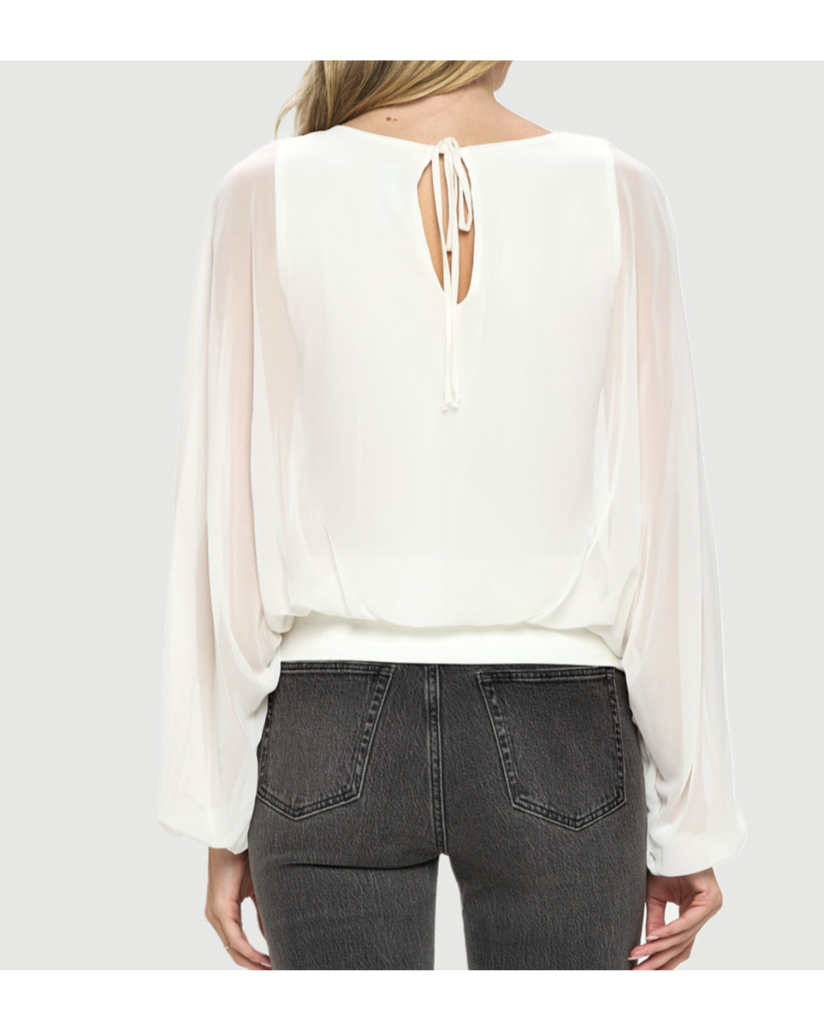 Crew Neck Chiffon Batwing Back Tie Top W/ Waistband & Gathered Cuffs