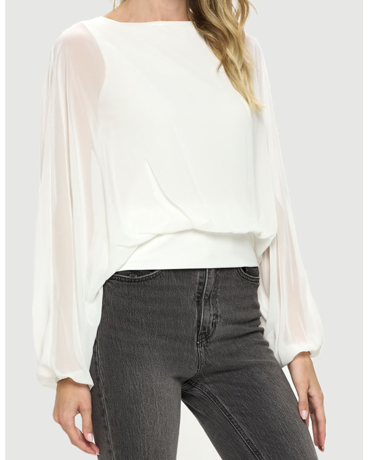 Crew Neck Chiffon Batwing Back Tie Top W/ Waistband & Gathered Cuffs