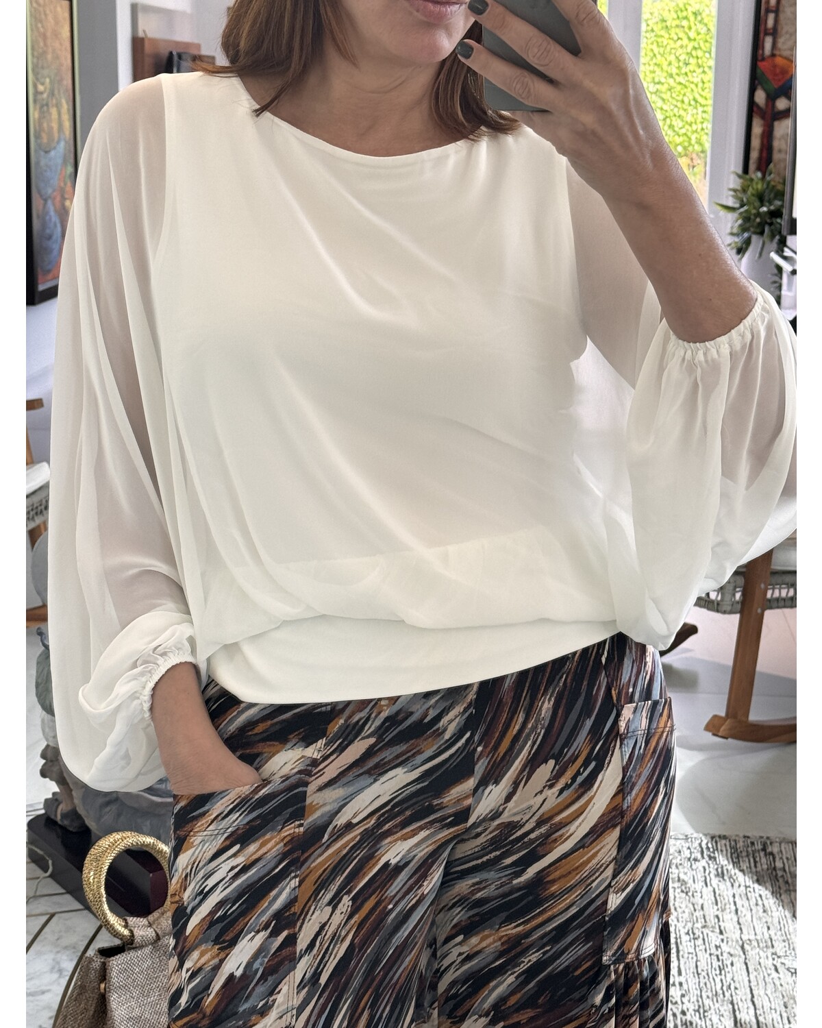 Crew Neck Chiffon Batwing Back Tie Top W/ Waistband & Gathered Cuffs