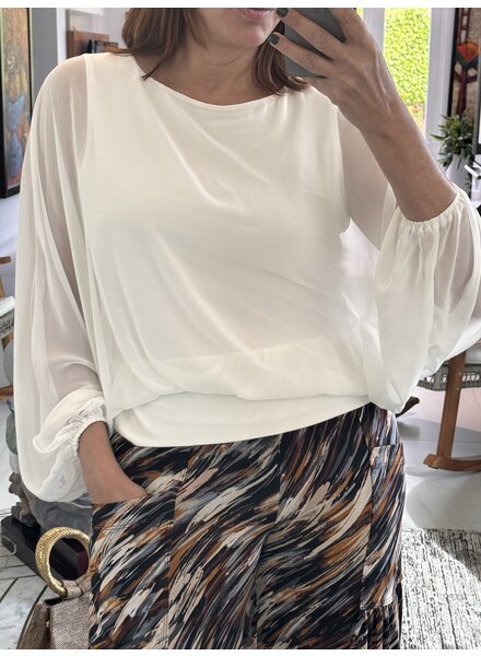 Crew Neck Chiffon Batwing Back Tie Top W/ Waistband & Gathered Cuffs