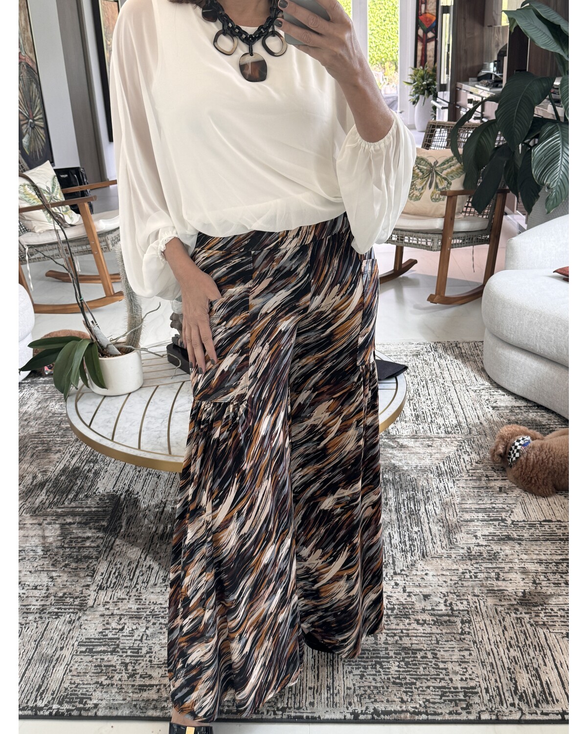 Crew Neck Chiffon Batwing Back Tie Top W/ Waistband & Gathered Cuffs