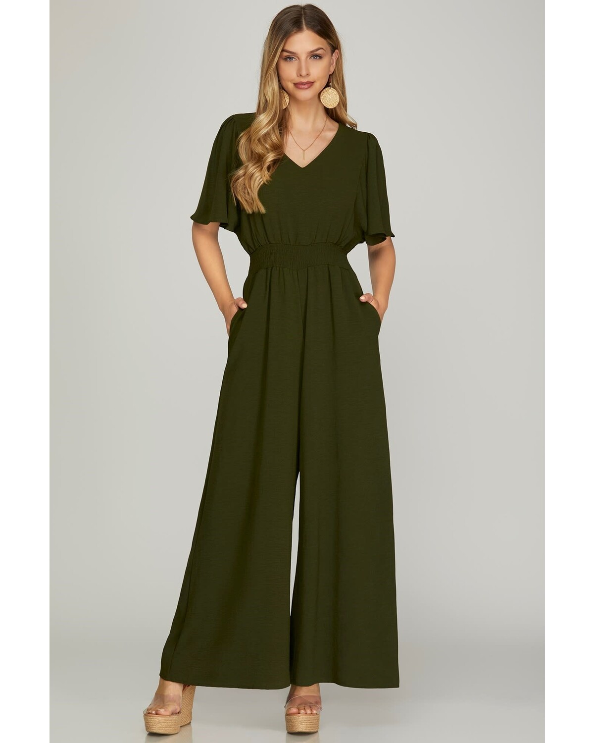 FLOUNCE SLEEVE SMOCK WAIST WIDE LEG WOVEN JUMPSUIT WITH SIDE POCKETS