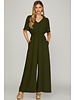 FLOUNCE SLEEVE SMOCK WAIST WIDE LEG WOVEN JUMPSUIT WITH SIDE POCKETS