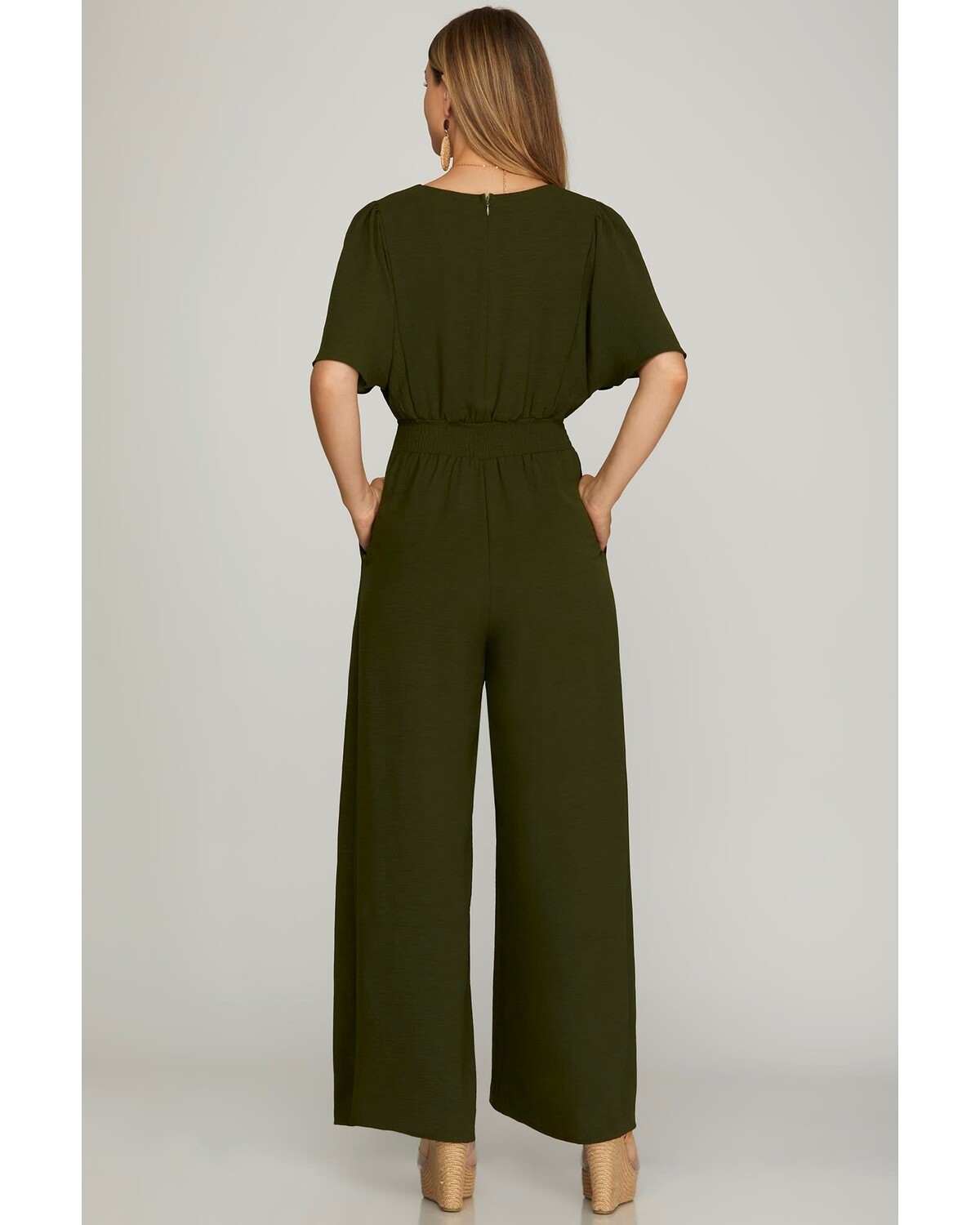 FLOUNCE SLEEVE SMOCK WAIST WIDE LEG WOVEN JUMPSUIT WITH SIDE POCKETS