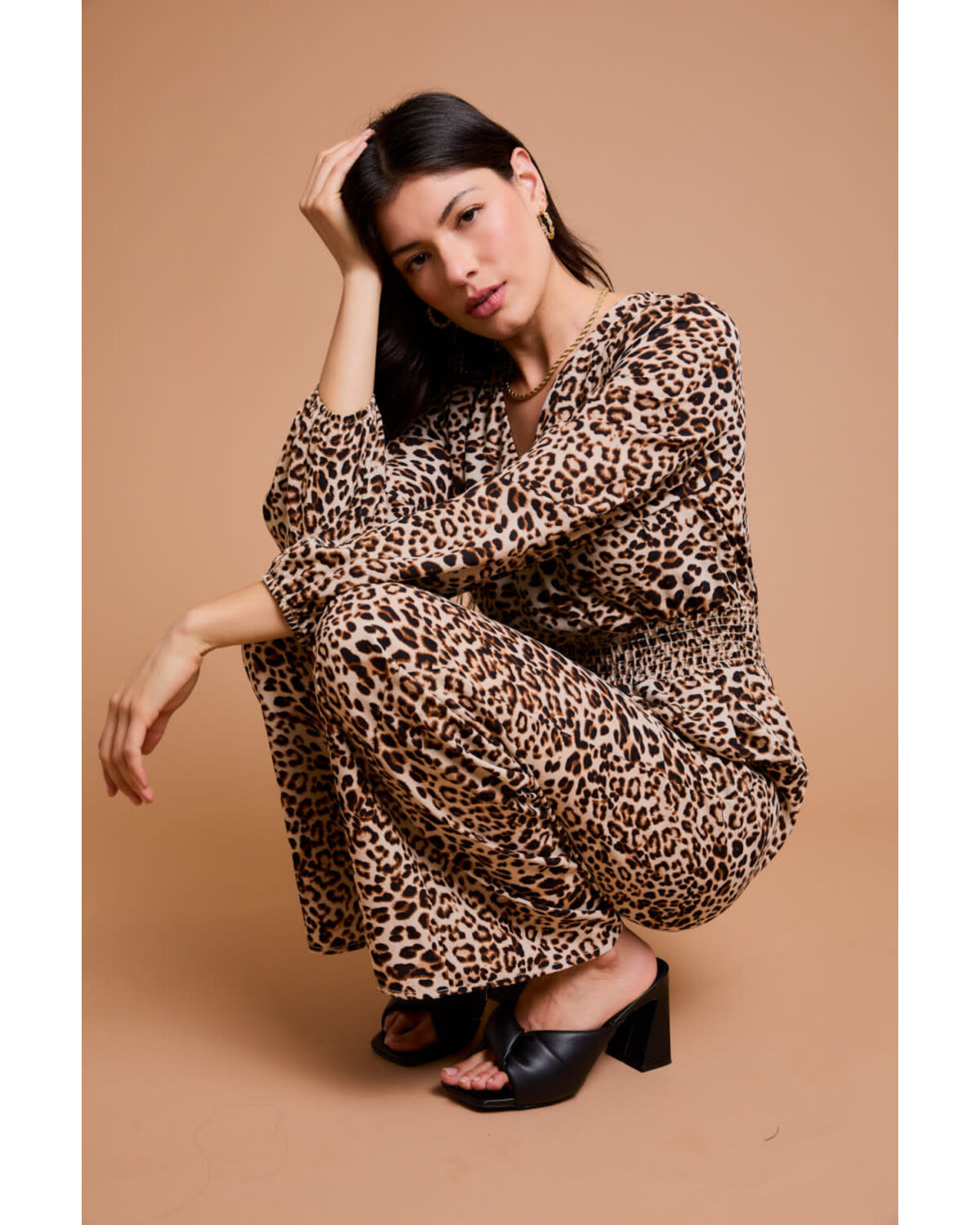 SURPLICE WASIT SMOCKING LONG SLEVEE JUMPSUIT
