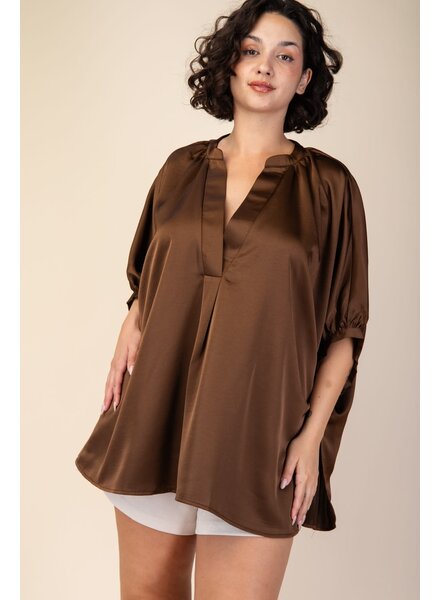 V-Neck Placket Oversized Satin Top