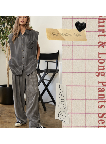 STRIPE SHORT SLEEVES BUTTON DOWN SHIRT AND LONG PANTS SET