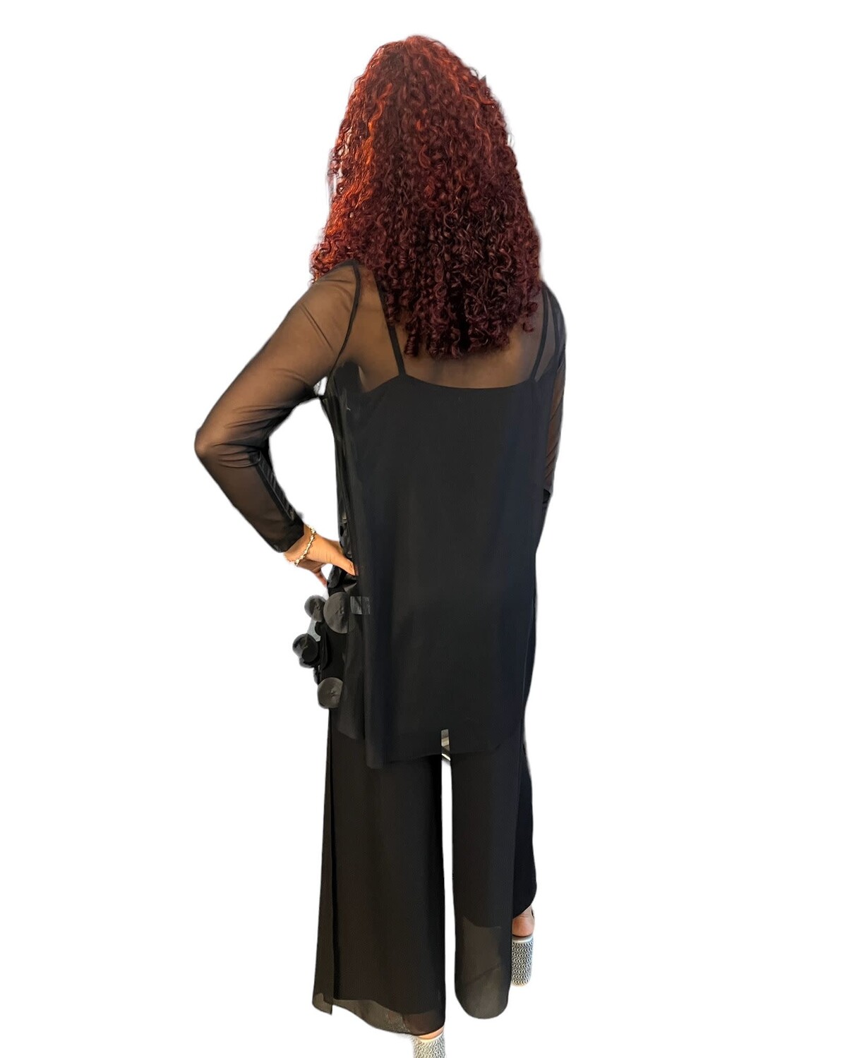 Boat-Neck See Through and Chiffon Layered Pants Set