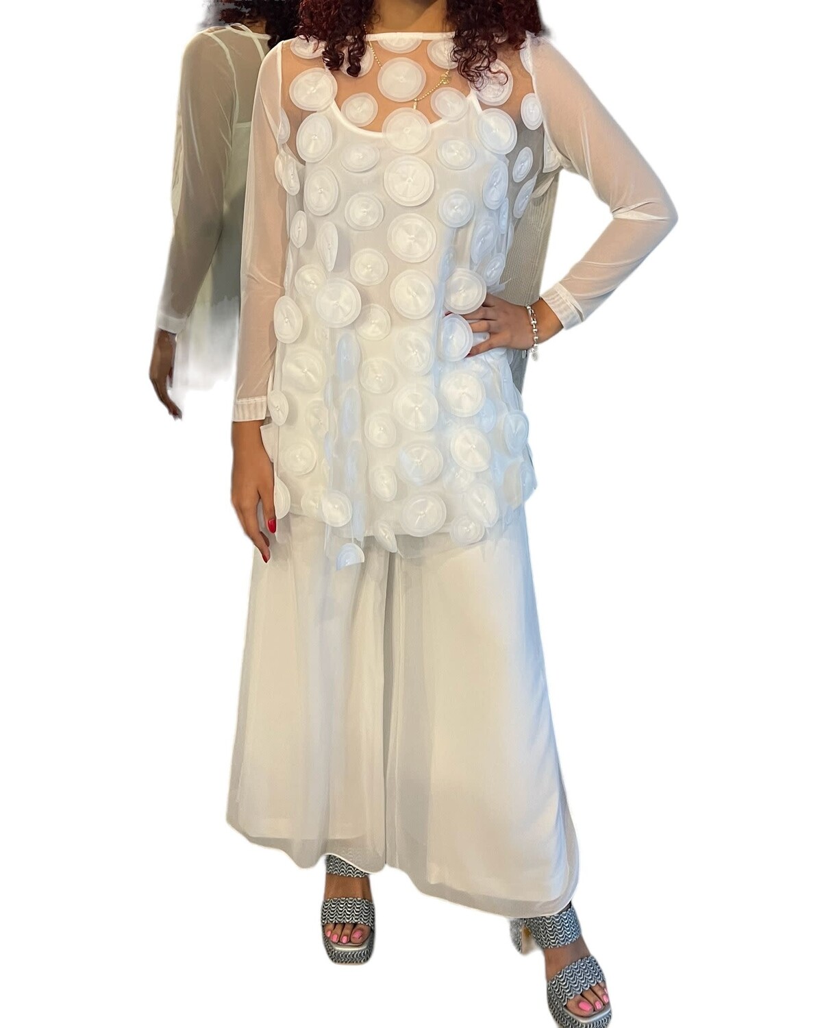 Boat-Neck See Through and Chiffon Layered Pants Set