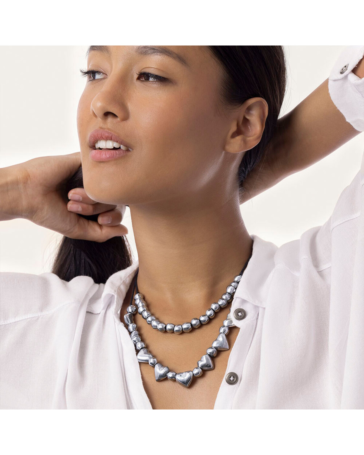 al02216NECKLACE 2 HEARTS/SPHERES