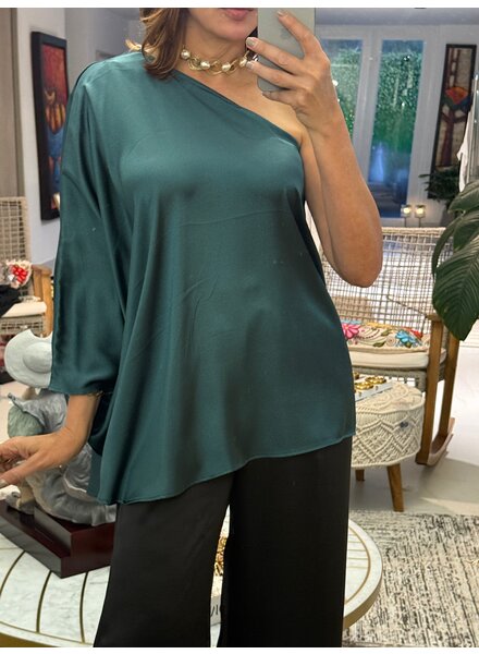 Shiny Hammered Satin One Sleeve Top Pine Green