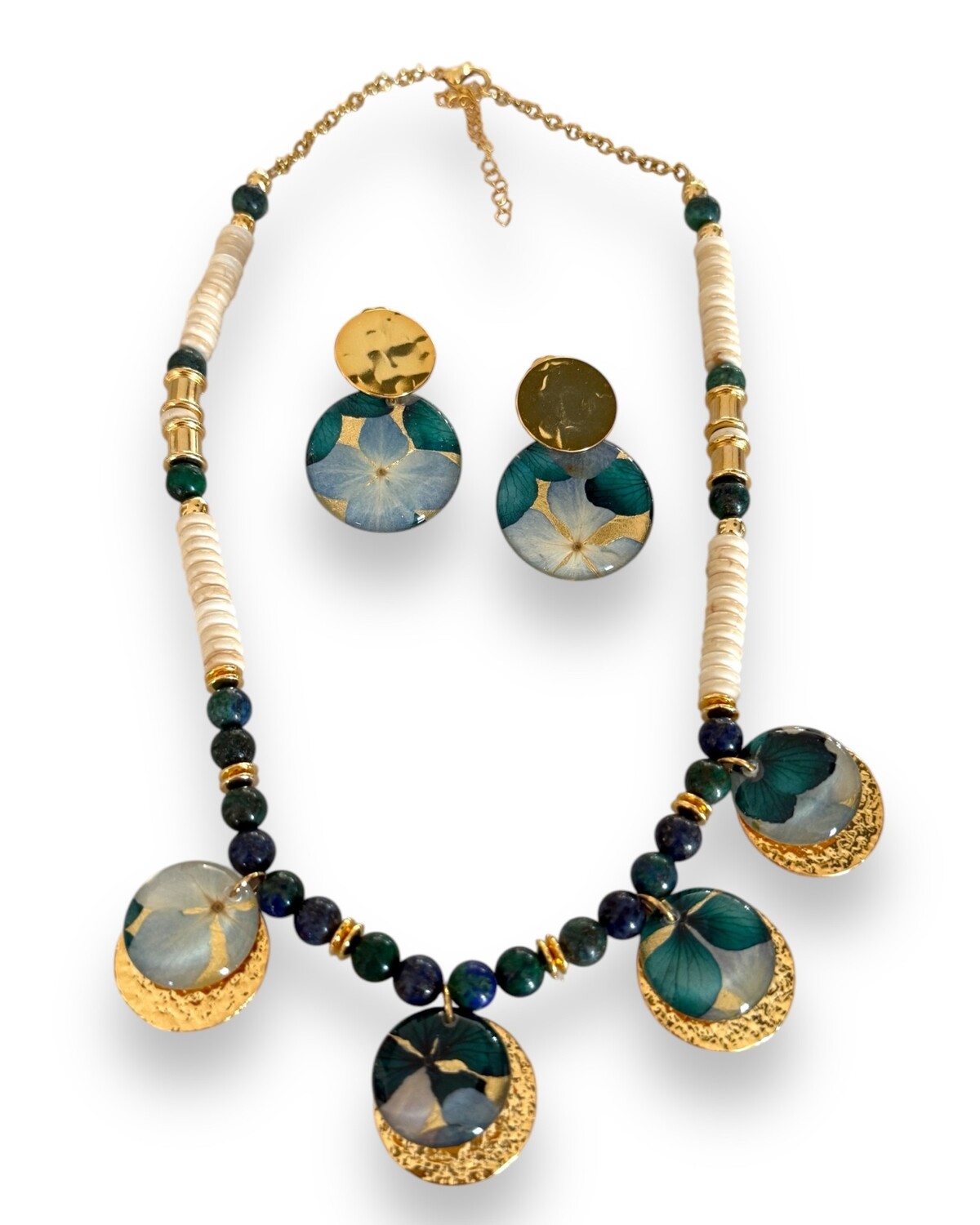 Set collar flor encapsulada  azul