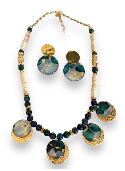 Set collar flor encapsulada  azul