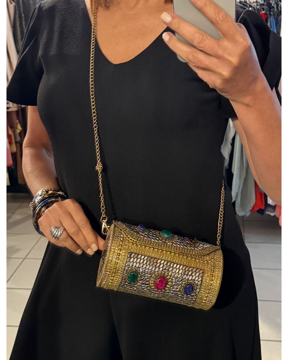 antique gold finish metal bag with stones