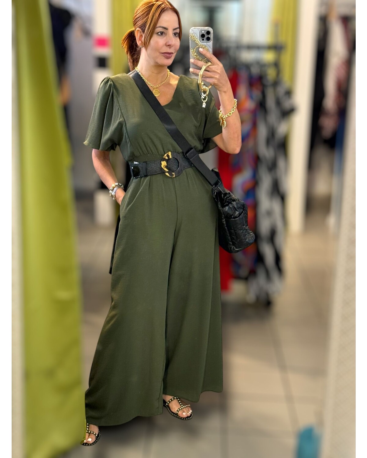 FLOUNCE SLEEVE SMOCK WAIST WIDE LEG WOVEN JUMPSUIT WITH SIDE POCKETS