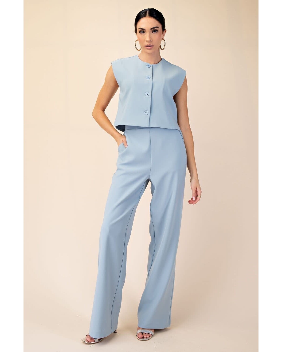 Buttoned Vest Top & Rise Wide Leg Pants