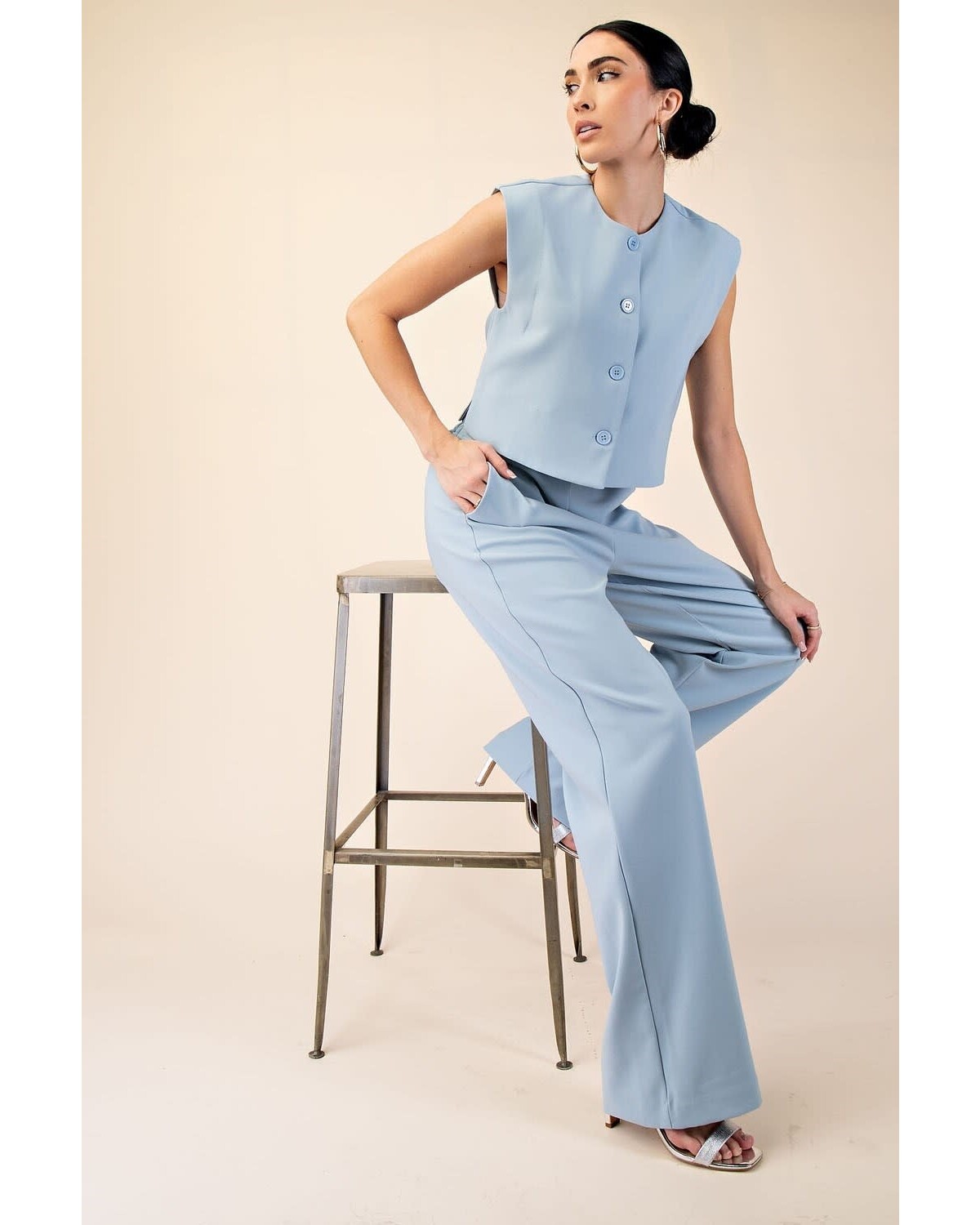 Buttoned Vest Top & Rise Wide Leg Pants