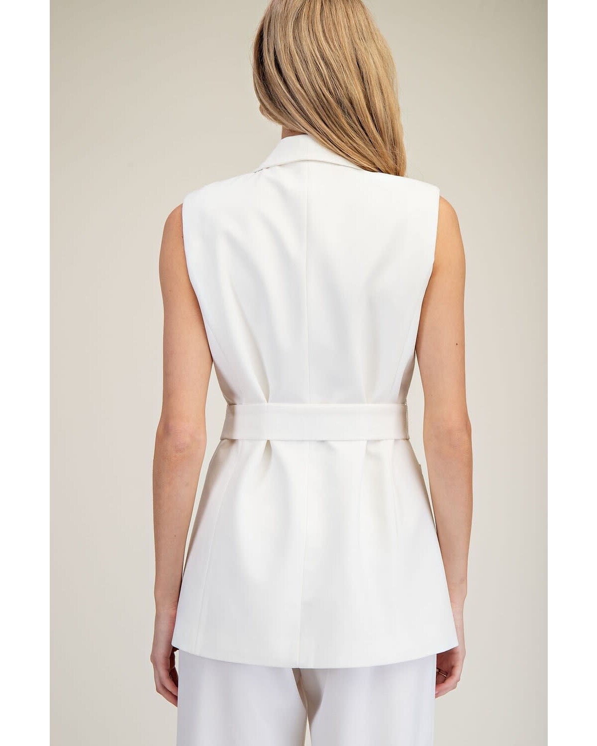 Sleeveless Belted Waist Jacket  White