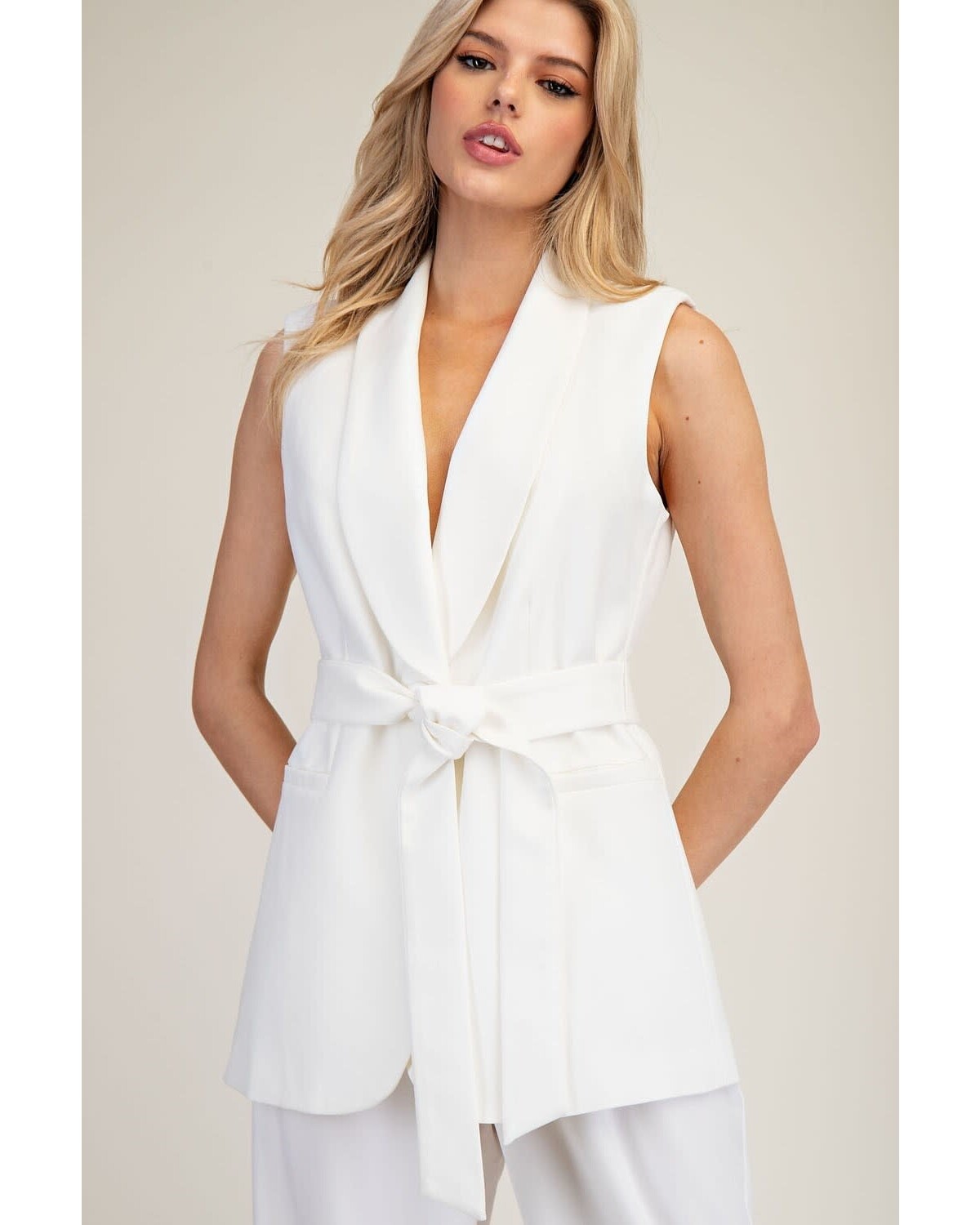 Sleeveless Belted Waist Jacket  White