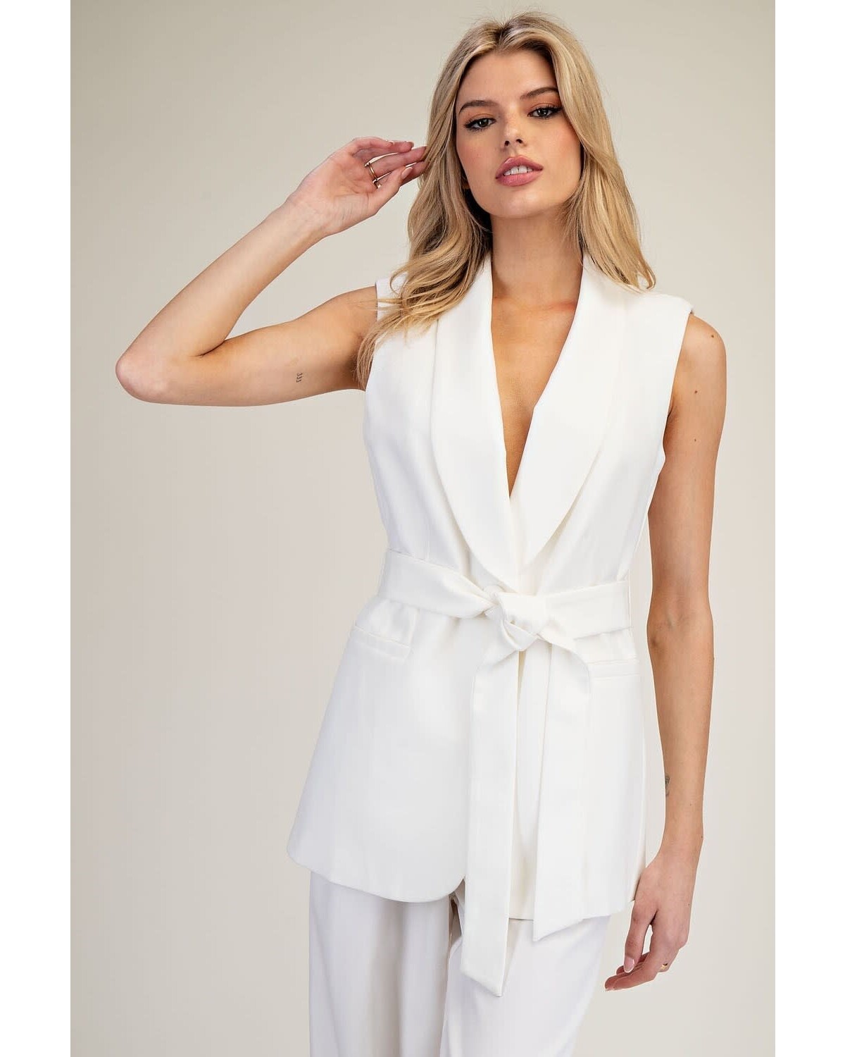 Sleeveless Belted Waist Jacket  White