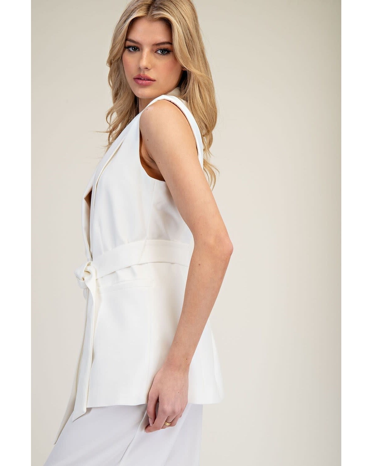 Sleeveless Belted Waist Jacket  White