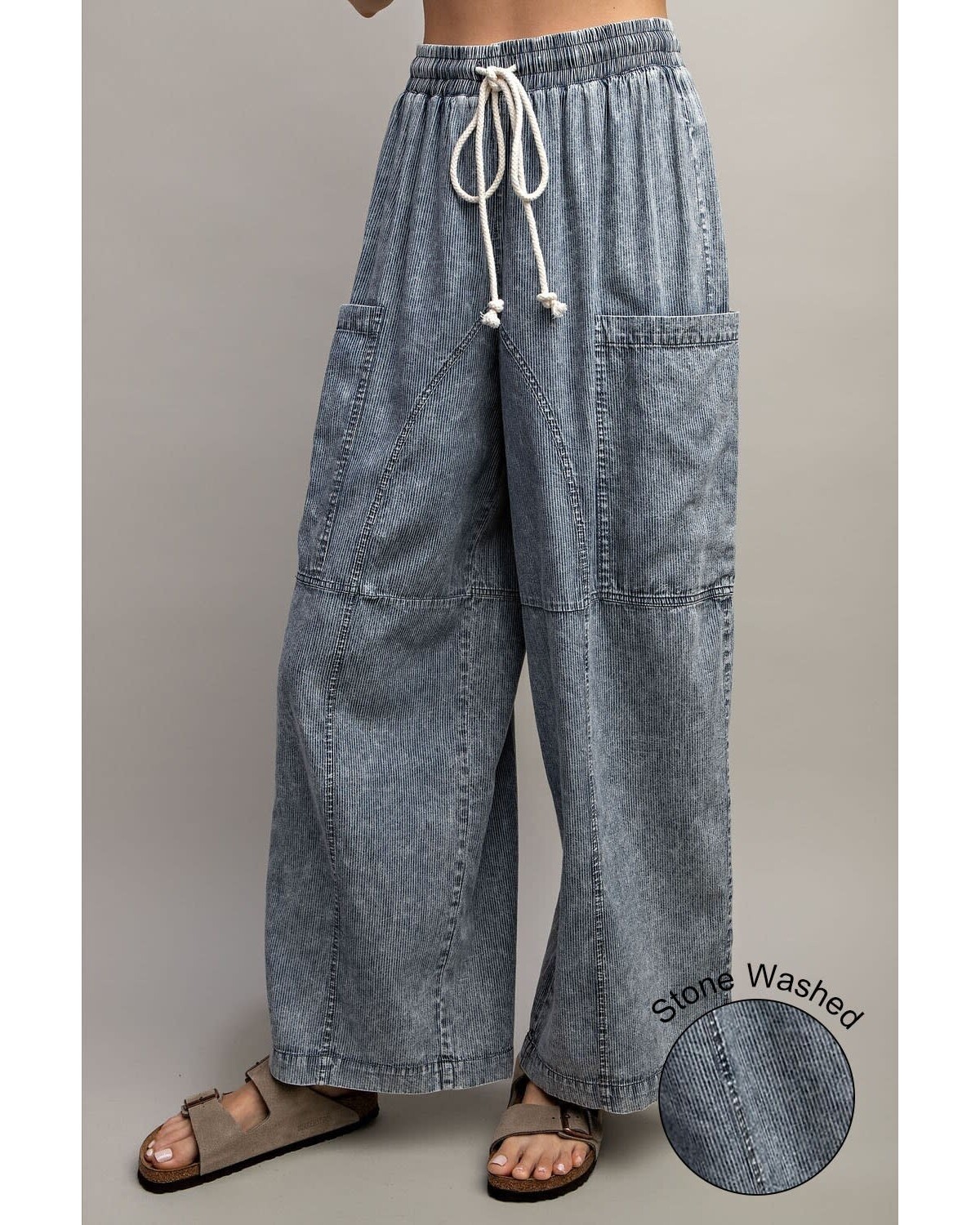 PLUS STONE WASHED PINSTRIPED WIDE LEG PANTS