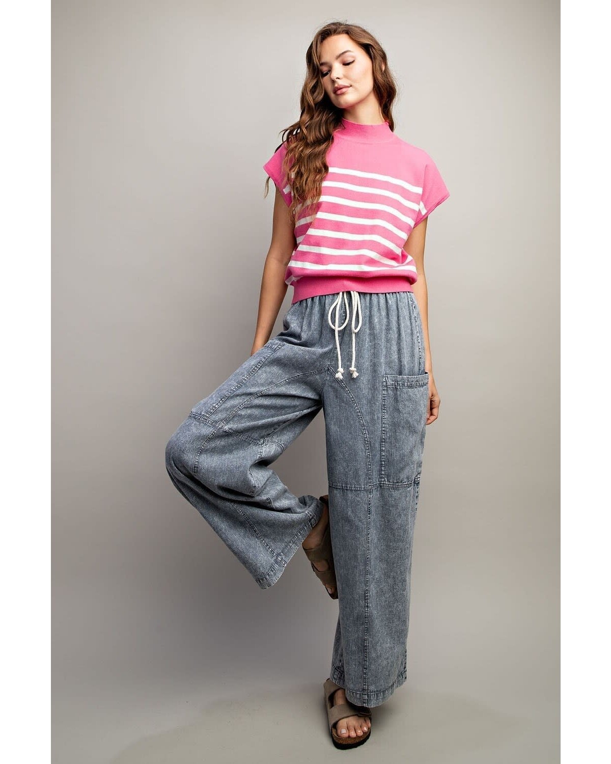 PLUS STONE WASHED PINSTRIPED WIDE LEG PANTS