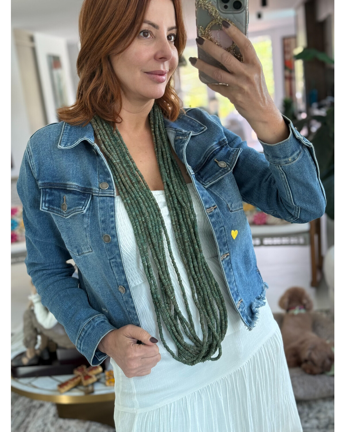 Wood layers long necklace green