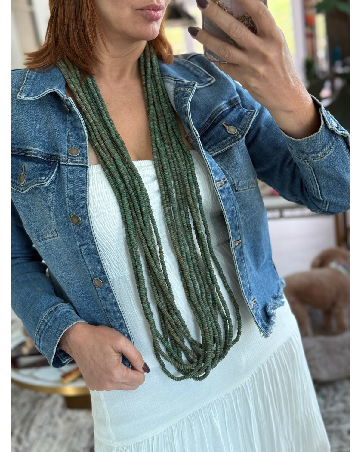 Wood layers long necklace green