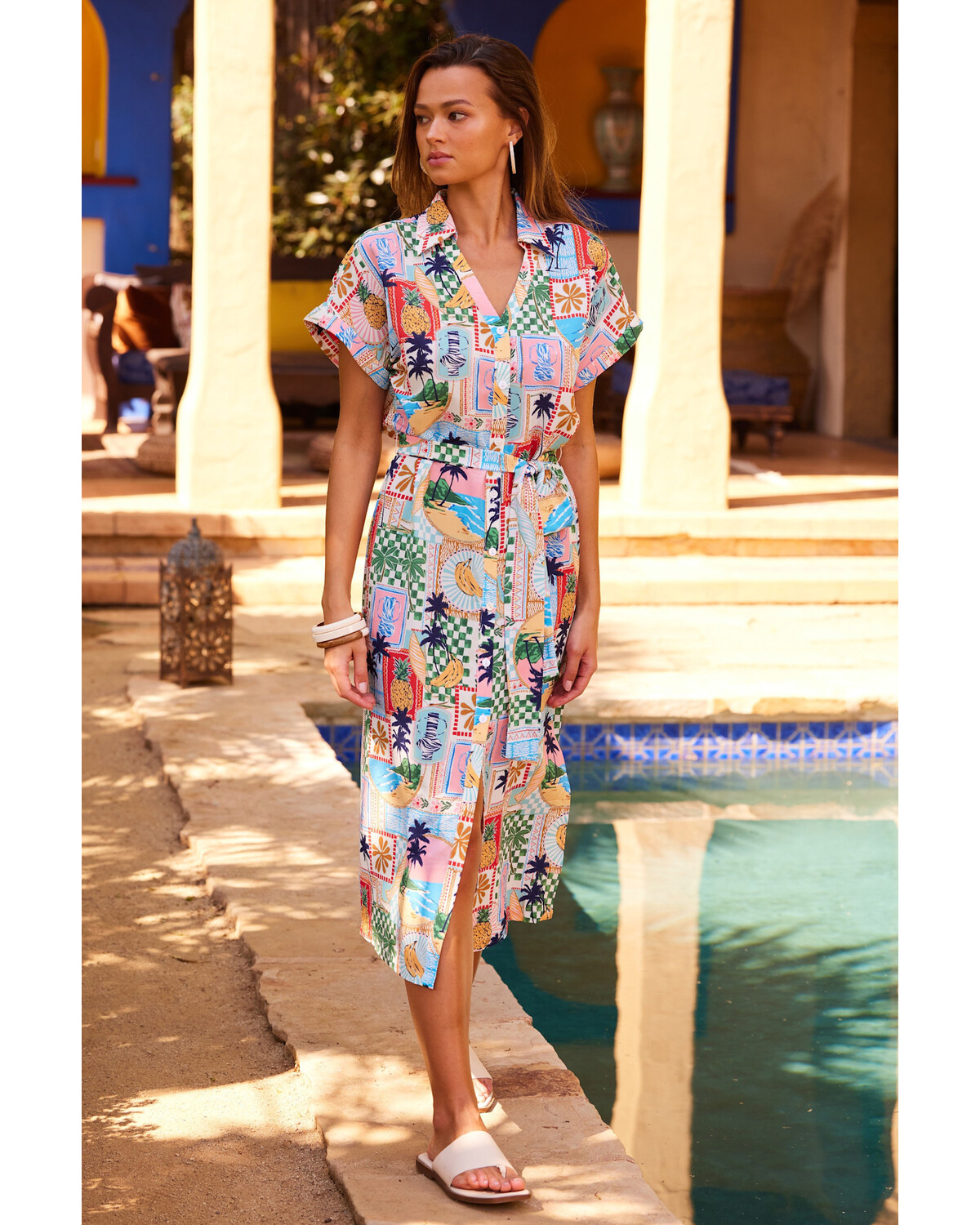 Printed Button From tMidi Dress with Waist Tie