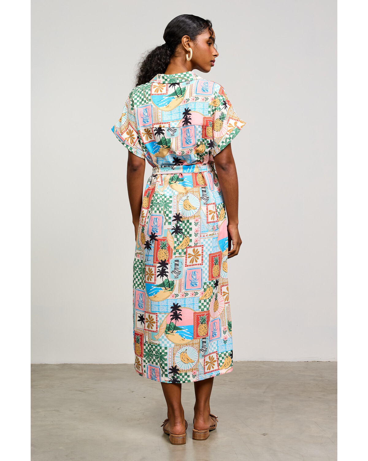 Printed Button From tMidi Dress with Waist Tie