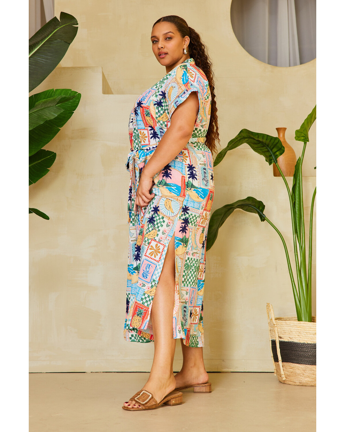 Printed Button From tMidi Dress with Waist Tie