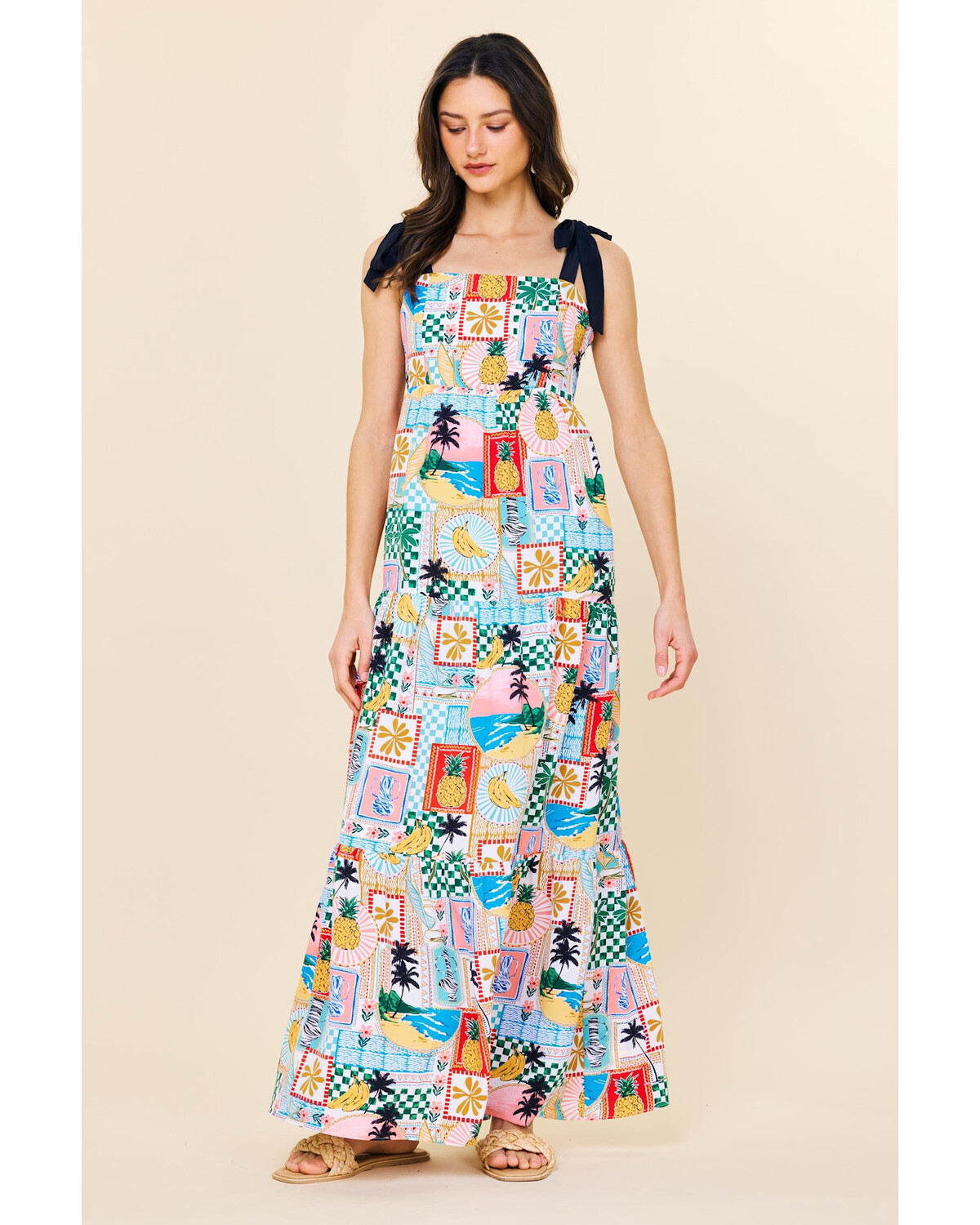 Printed Tiered Maxi Dress with Tie Shoulder