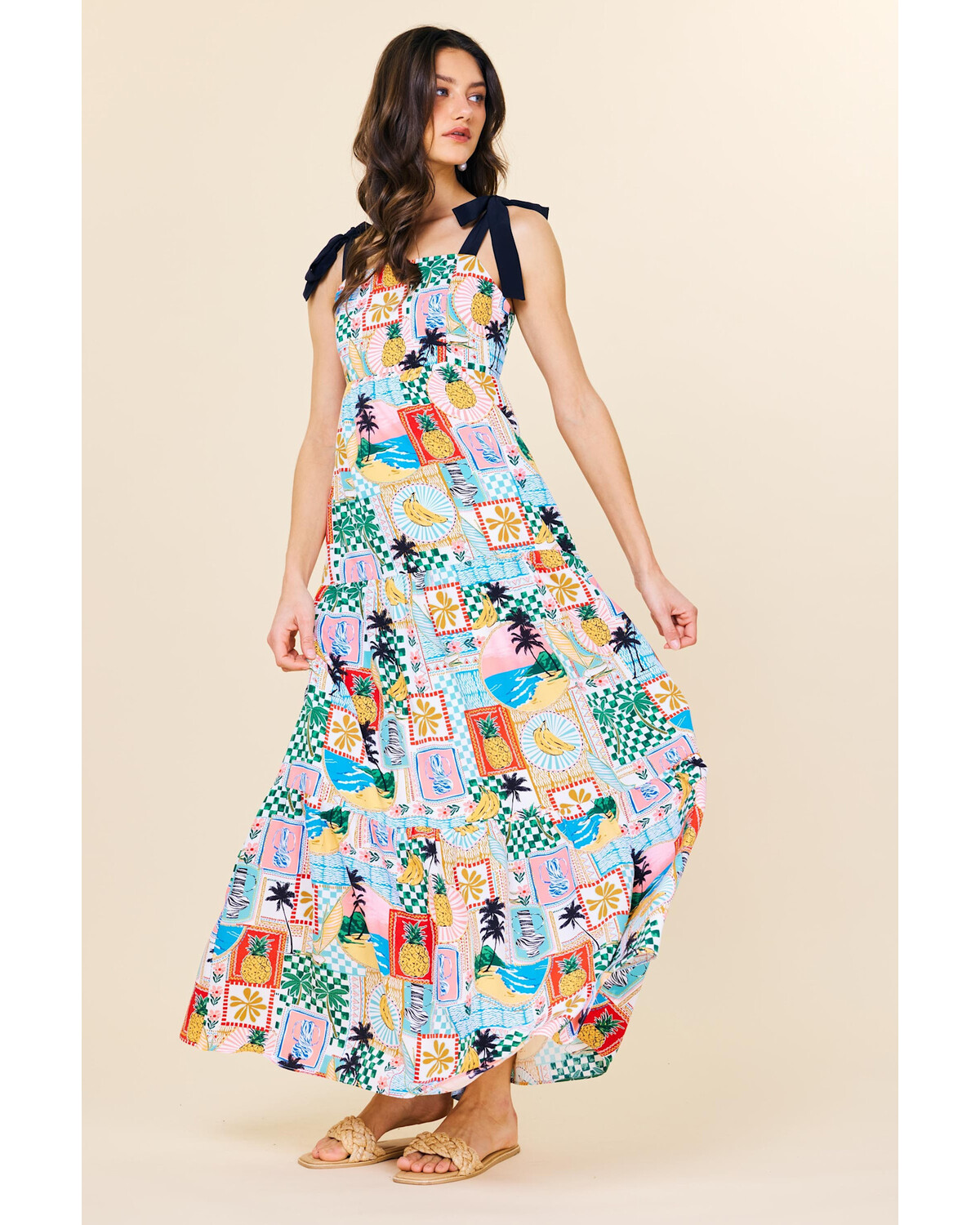 Printed Tiered Maxi Dress with Tie Shoulder