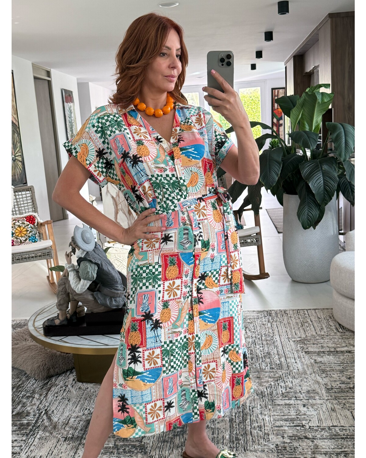 Printed Button From tMidi Dress with Waist Tie