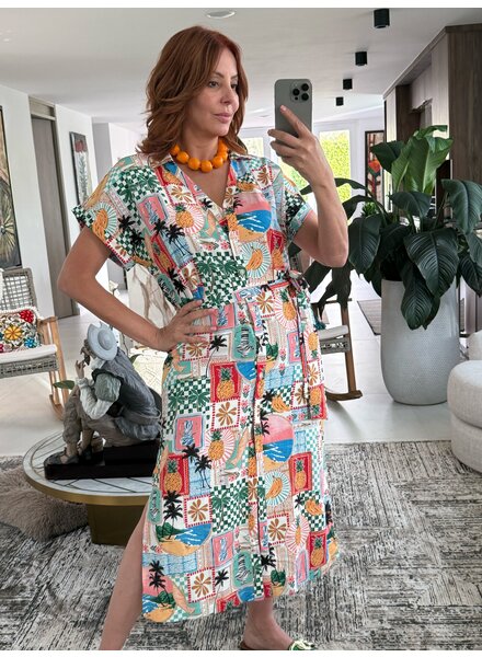 Printed Button From tMidi Dress with Waist Tie